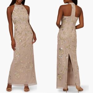 Adrianna Papell Sequin Floral High Neck Column Gown, Size 8, Marble/Mauve, NWT